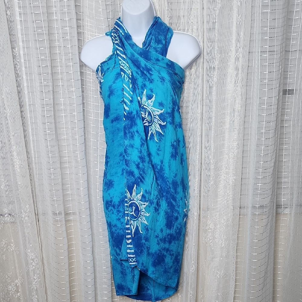 Blue and White Tie-Dye Sun Print Sarong Swimsuit Cover-Up OSFA